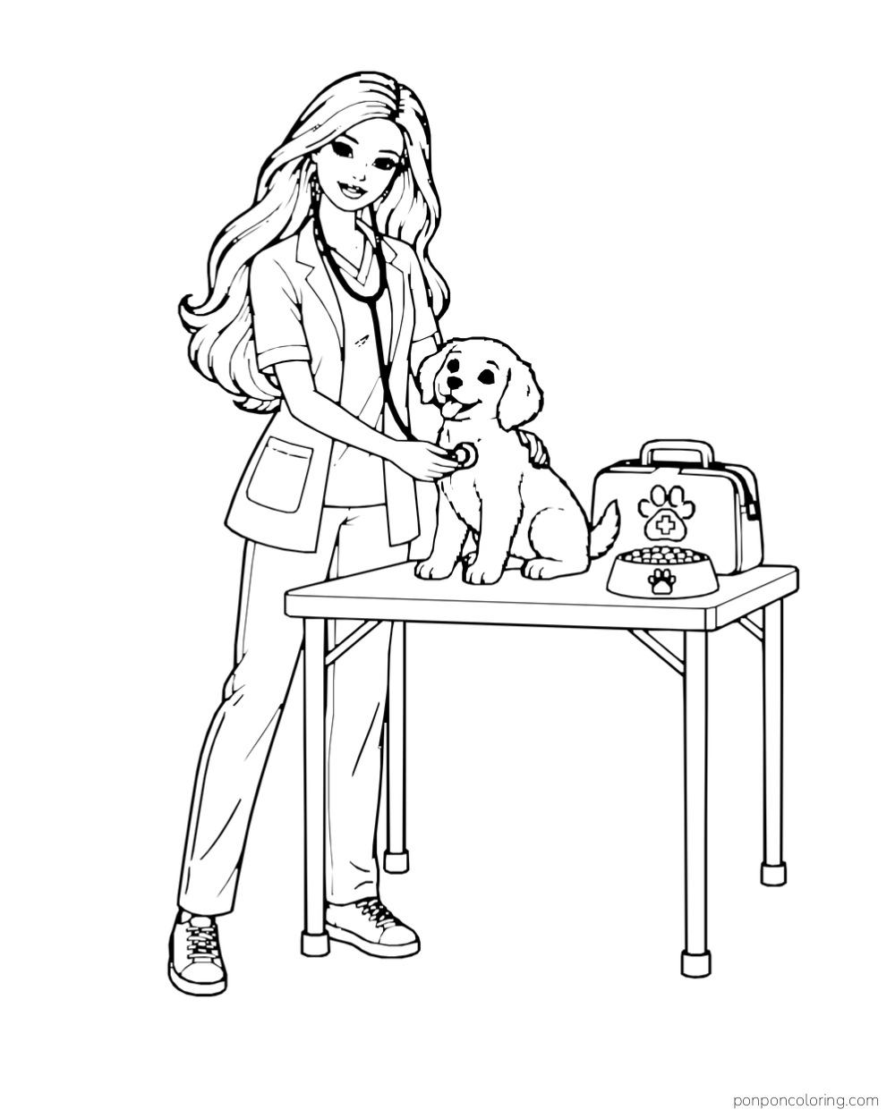Barbie examines a puppy on a table beside a medical bag and food bowl.