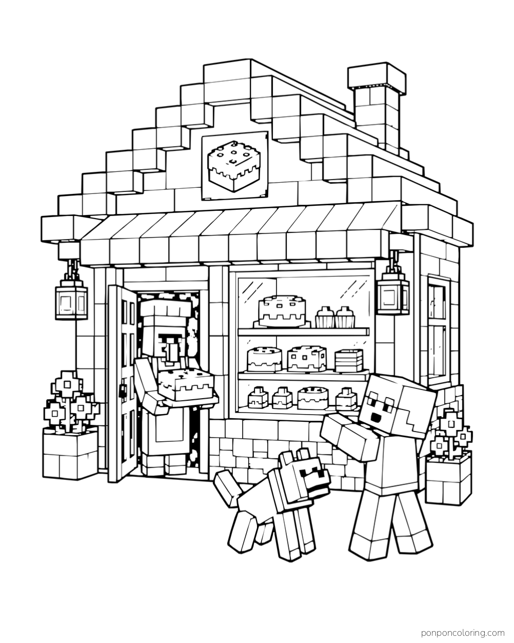A baker offers a cake at a small bakery while Steve and a wolf wait outside.