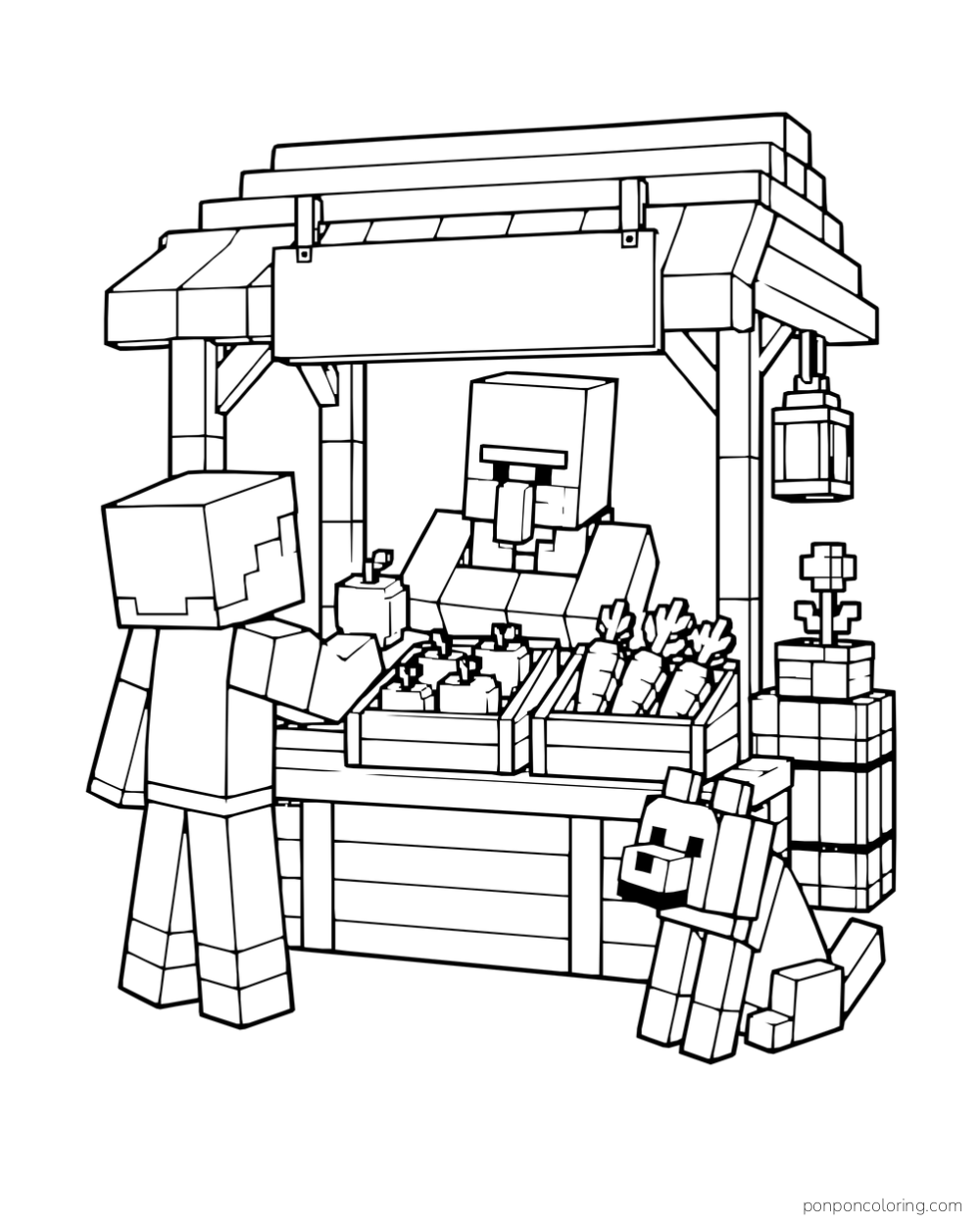 A villager serves a customer at a wooden produce stall while a wolf sits nearby.