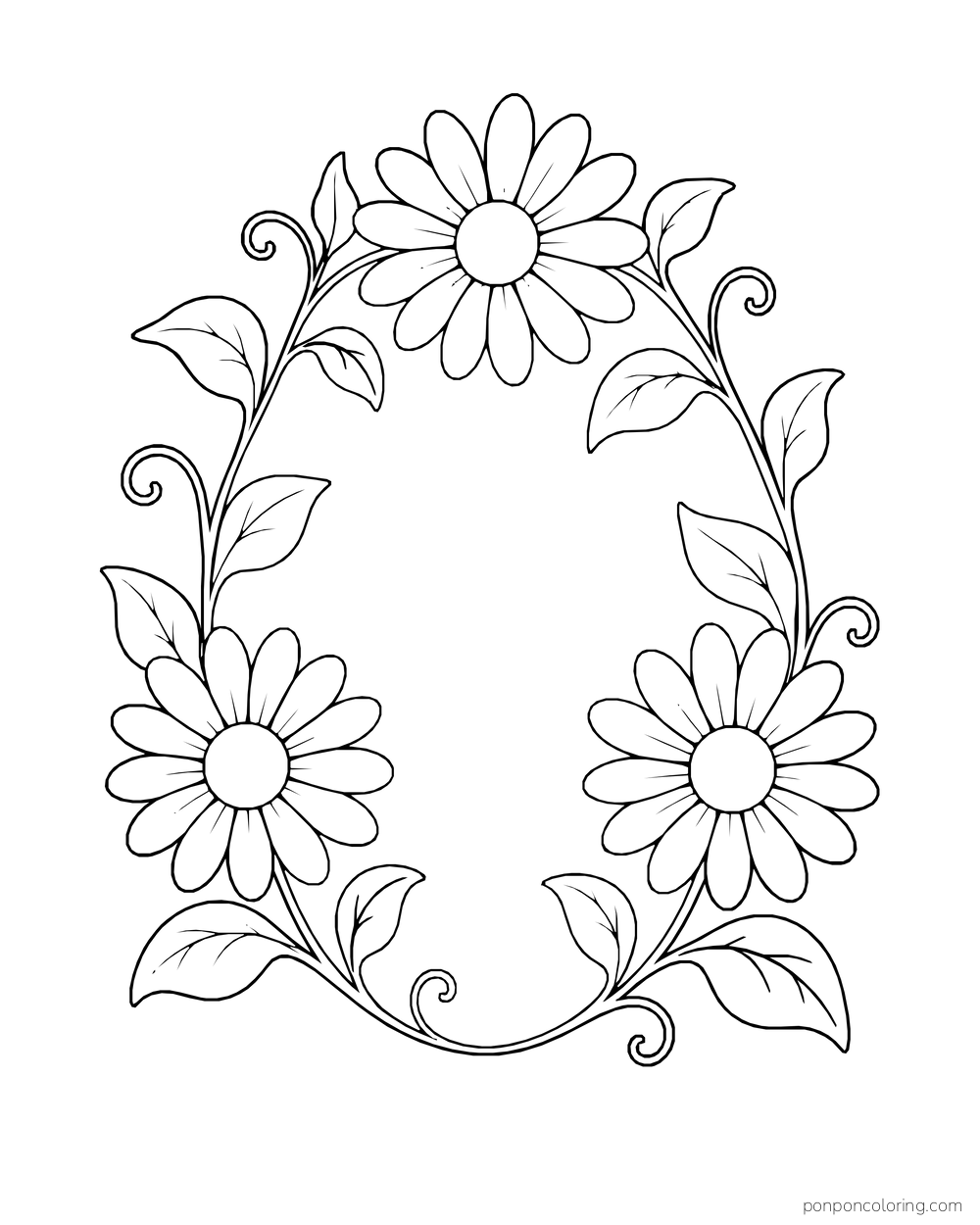 Three daisies climb an oval frame of curling vines around an open center.