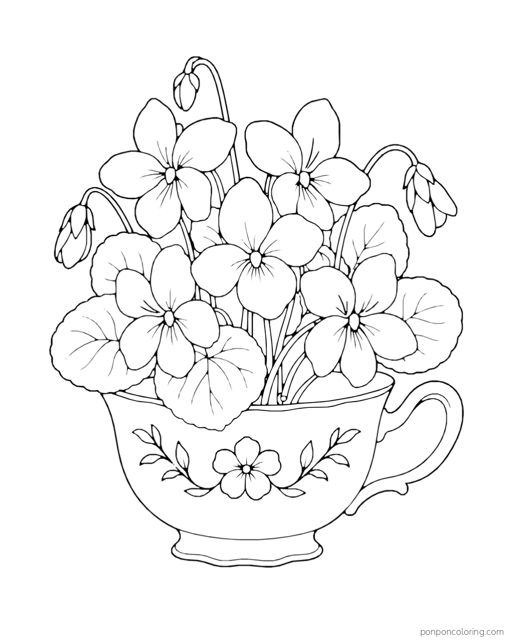 Violet flowers and rounded leaves fill a teacup decorated with a small flower sprig.