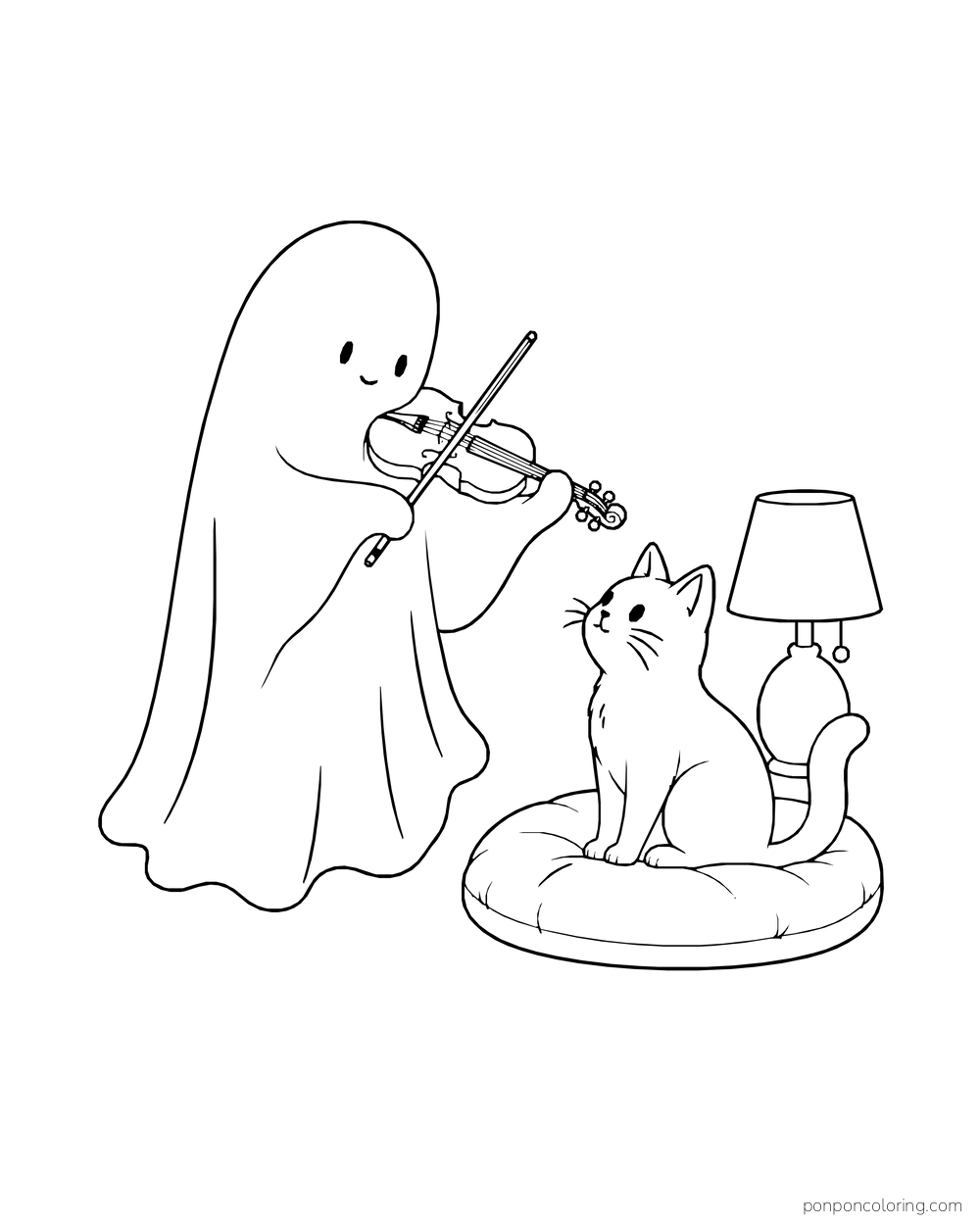 A ghost plays violin beside a listening cat on a cushion and a floor lamp.