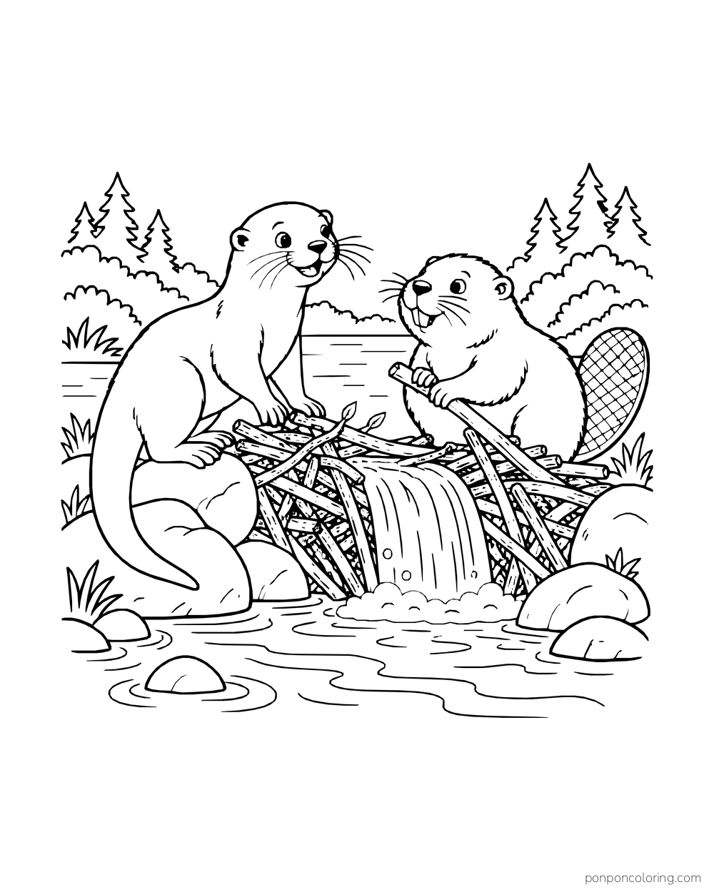 Otter and a flat-tailed beaver meeting beside a stick dam.