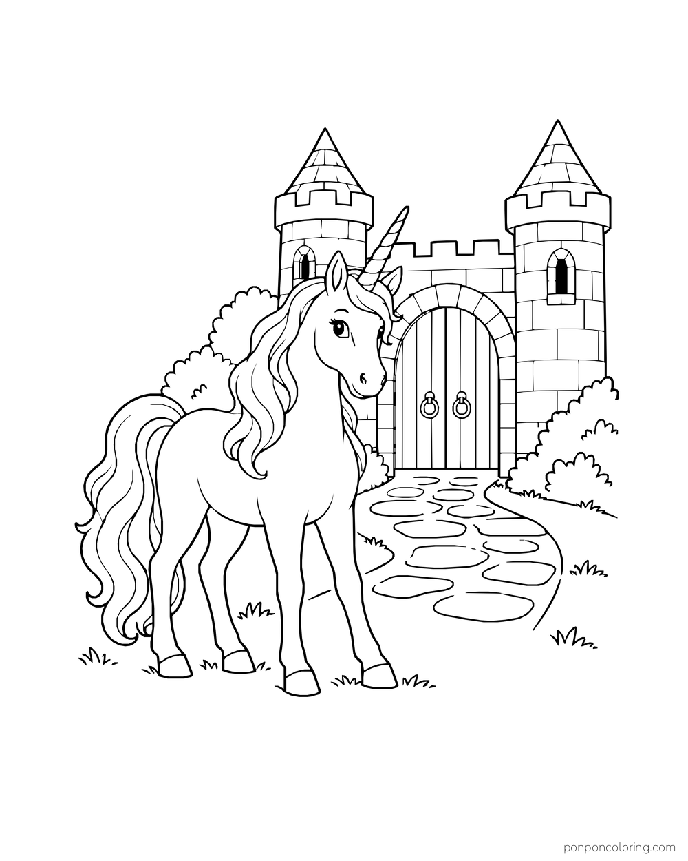 A unicorn stands before a stone castle gate with two towers and an arched door.
