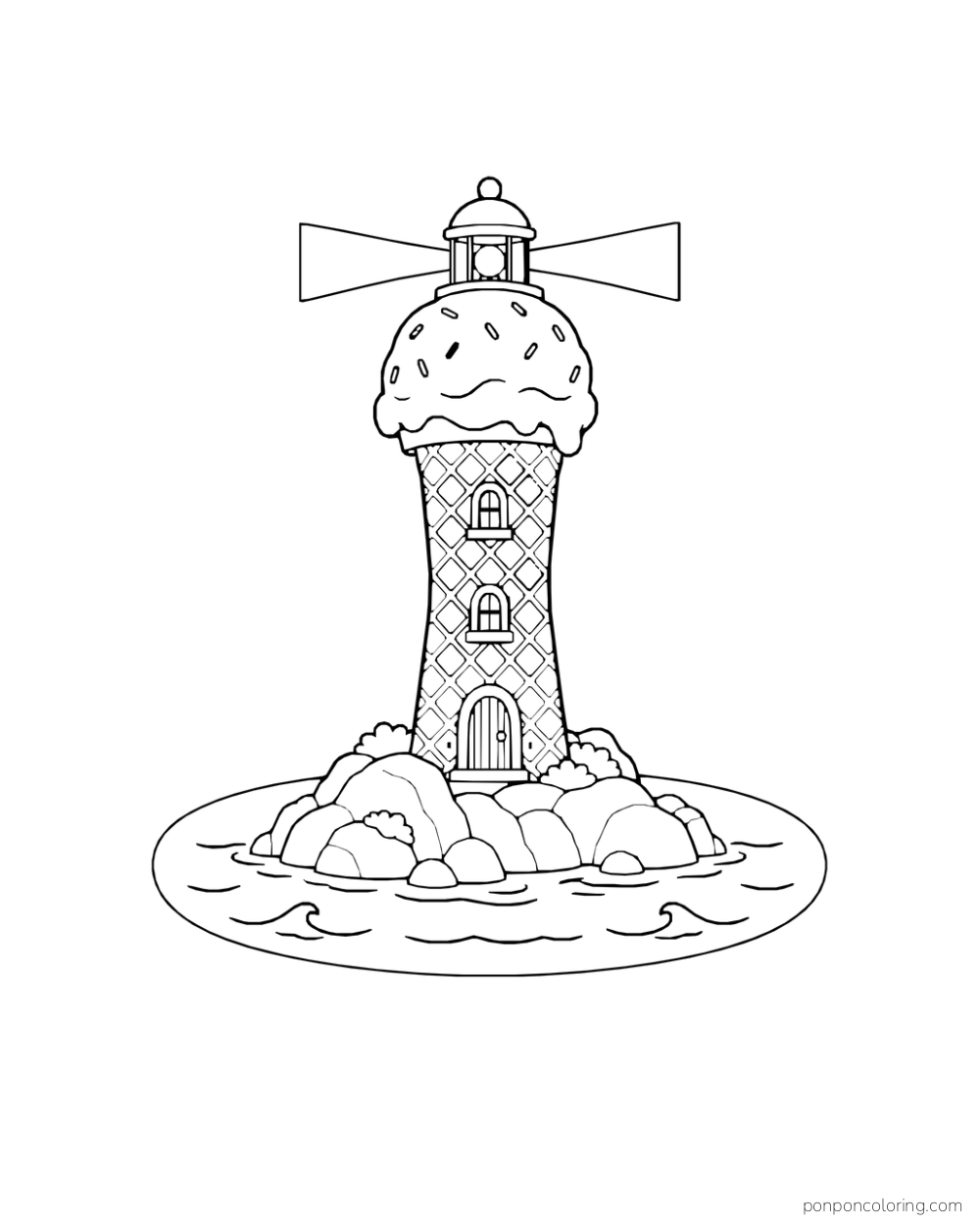 A fantasy lighthouse shaped like a waffle cone with scoops stands on a complete island in an oval of water.