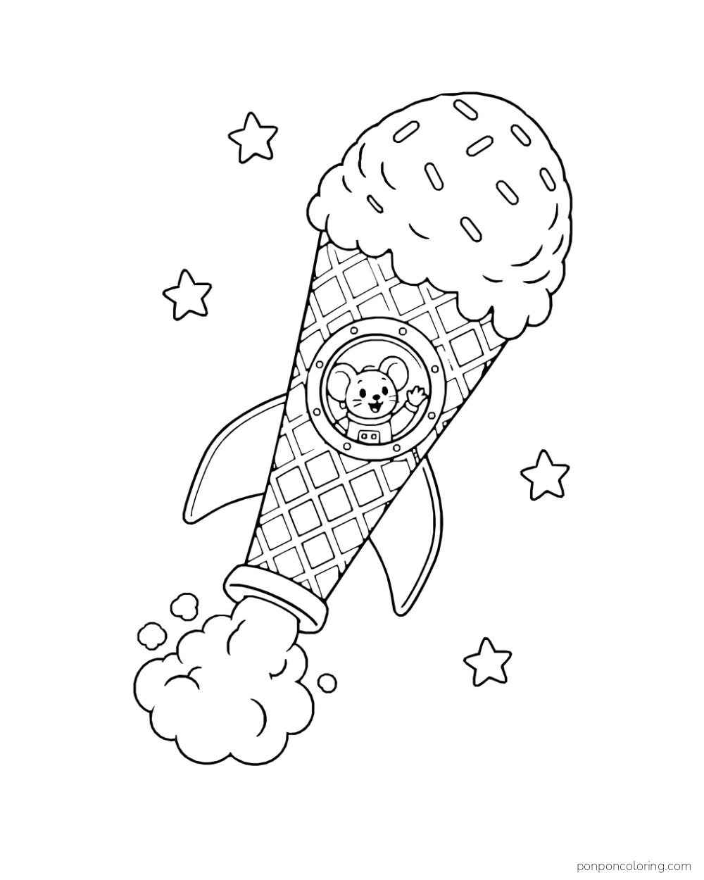 A fantasy rocket with a waffle-cone body and scoop-shaped nose carries a mouse in a porthole among stars.