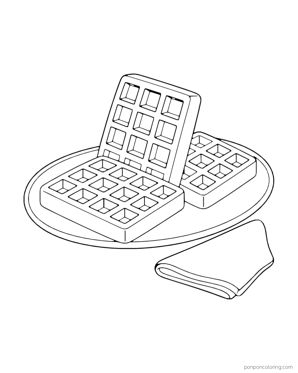 Three square waffle cookies with large grid pockets rest on a tray beside a folded napkin.