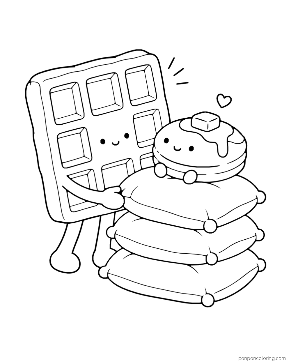A waffle holds a stack of three cushions with a small pancake character sitting on top.