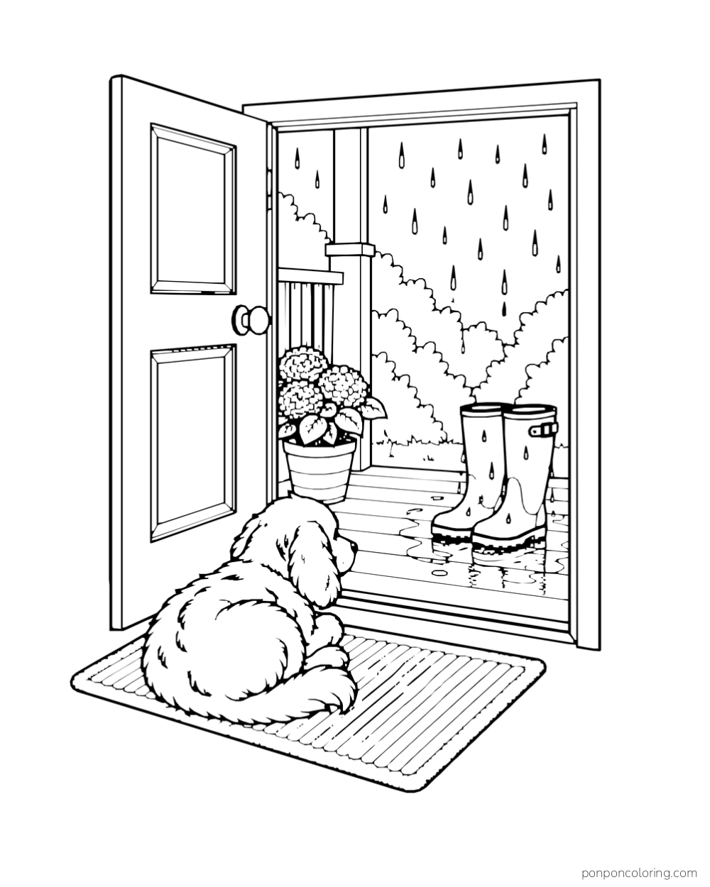 A dog curls on a mat inside a doorway and looks toward wet boots outside.