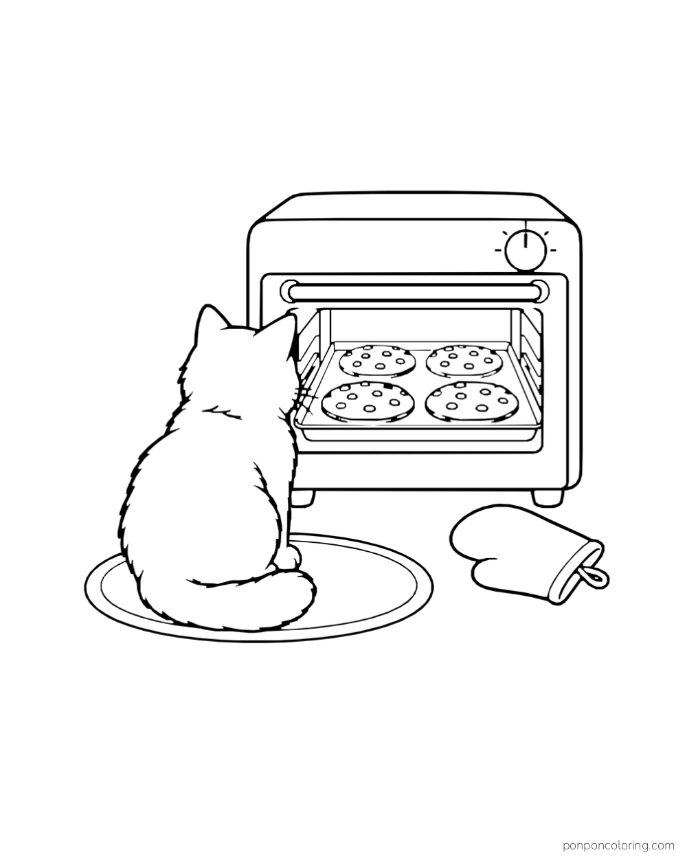 A fluffy cat sits facing an oven with two trays of round cookies inside.