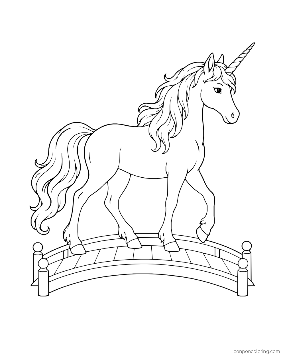 A tall unicorn walks across a short arched footbridge.