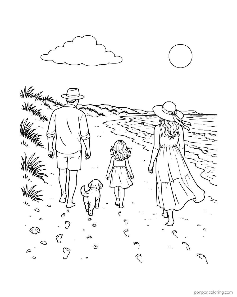 Two adults, a child, and a small dog walk away along a curving beach.
