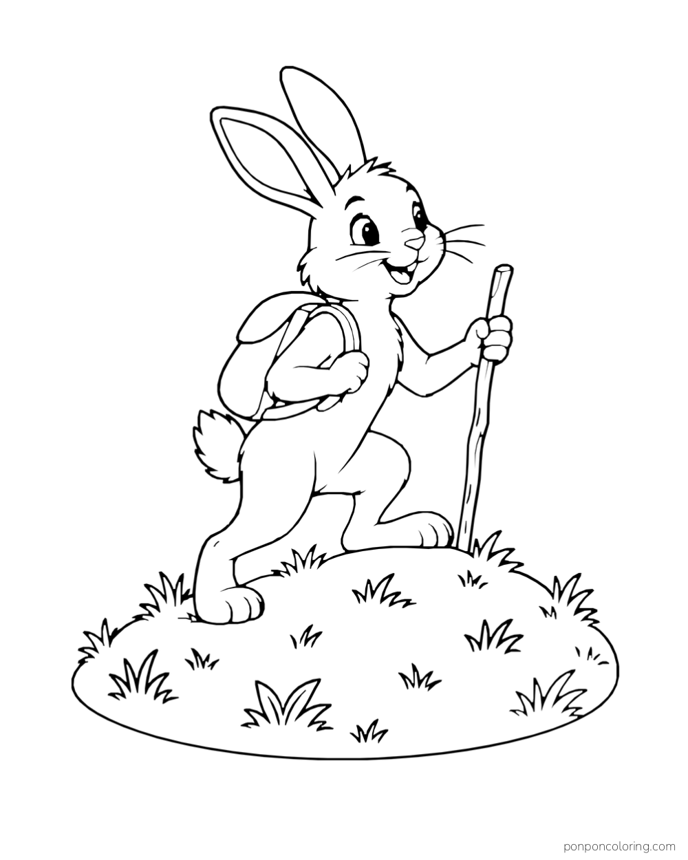 A backpacked rabbit climbs a rounded grassy mound with a walking stick.