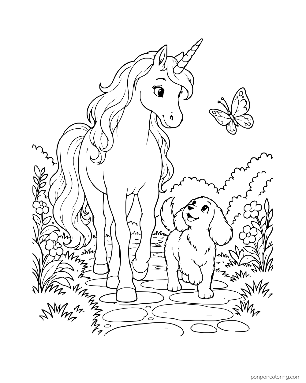 A unicorn and a puppy walk along a short garden path near a butterfly.