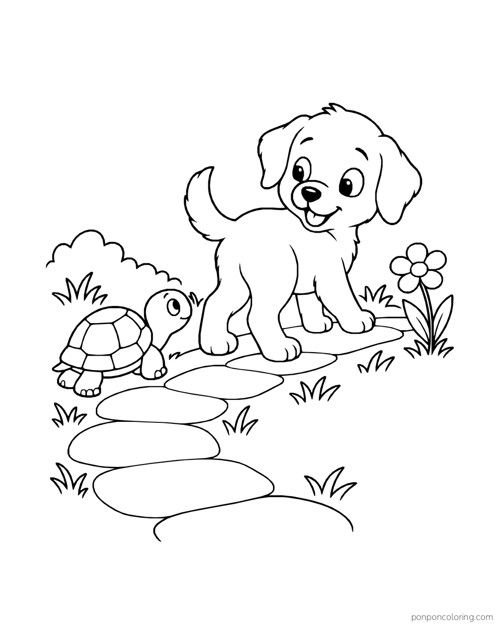 A puppy looks back at a turtle crossing a garden path lined with stepping stones.