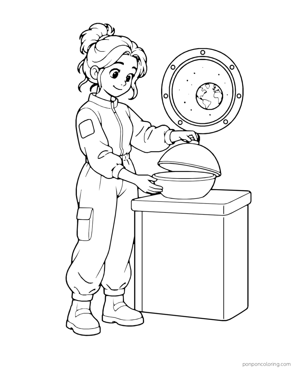 A station cook lifts the lid of a bowl beside a round window.