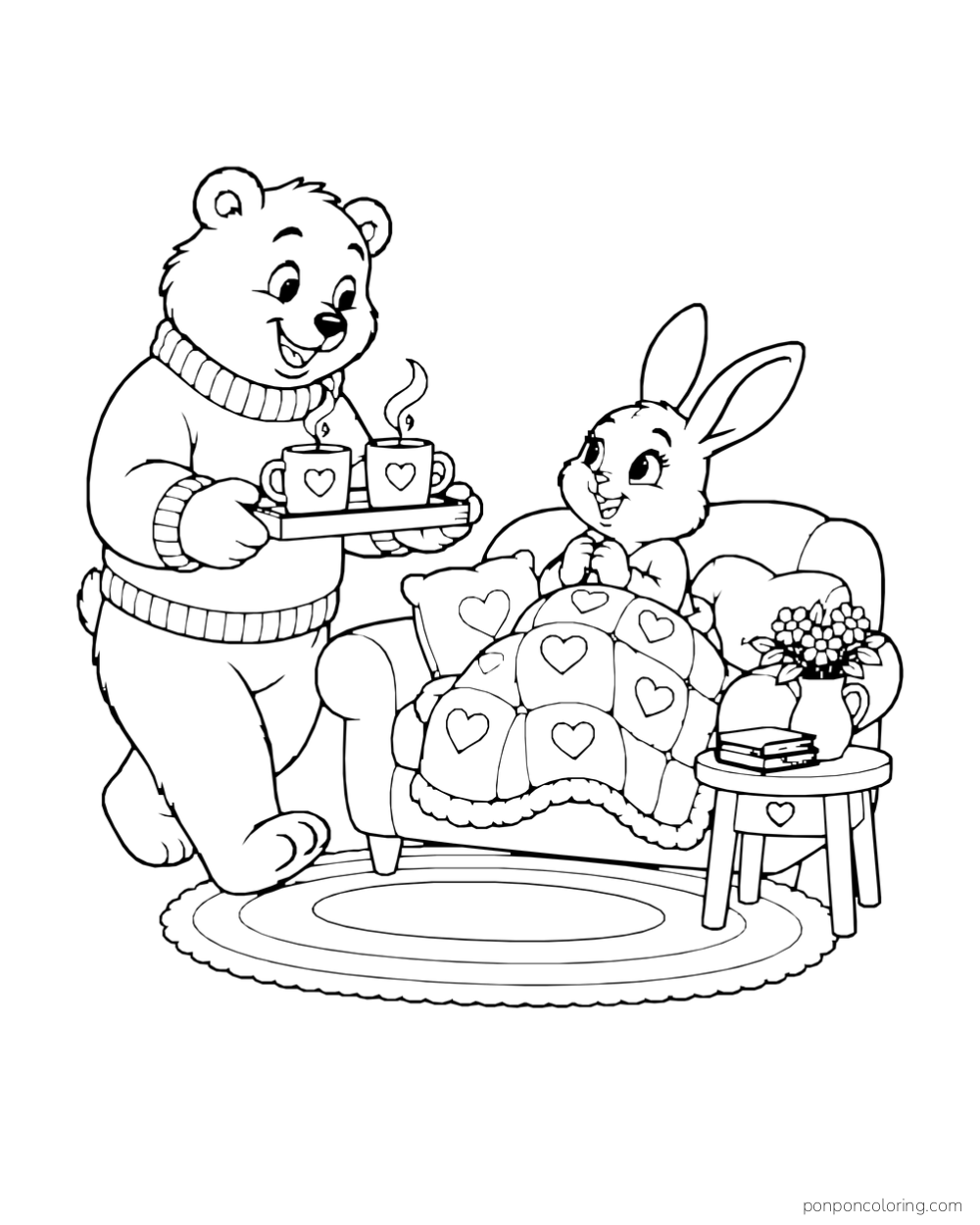 A bear brings two mugs to a rabbit tucked under a heart quilt in an armchair.