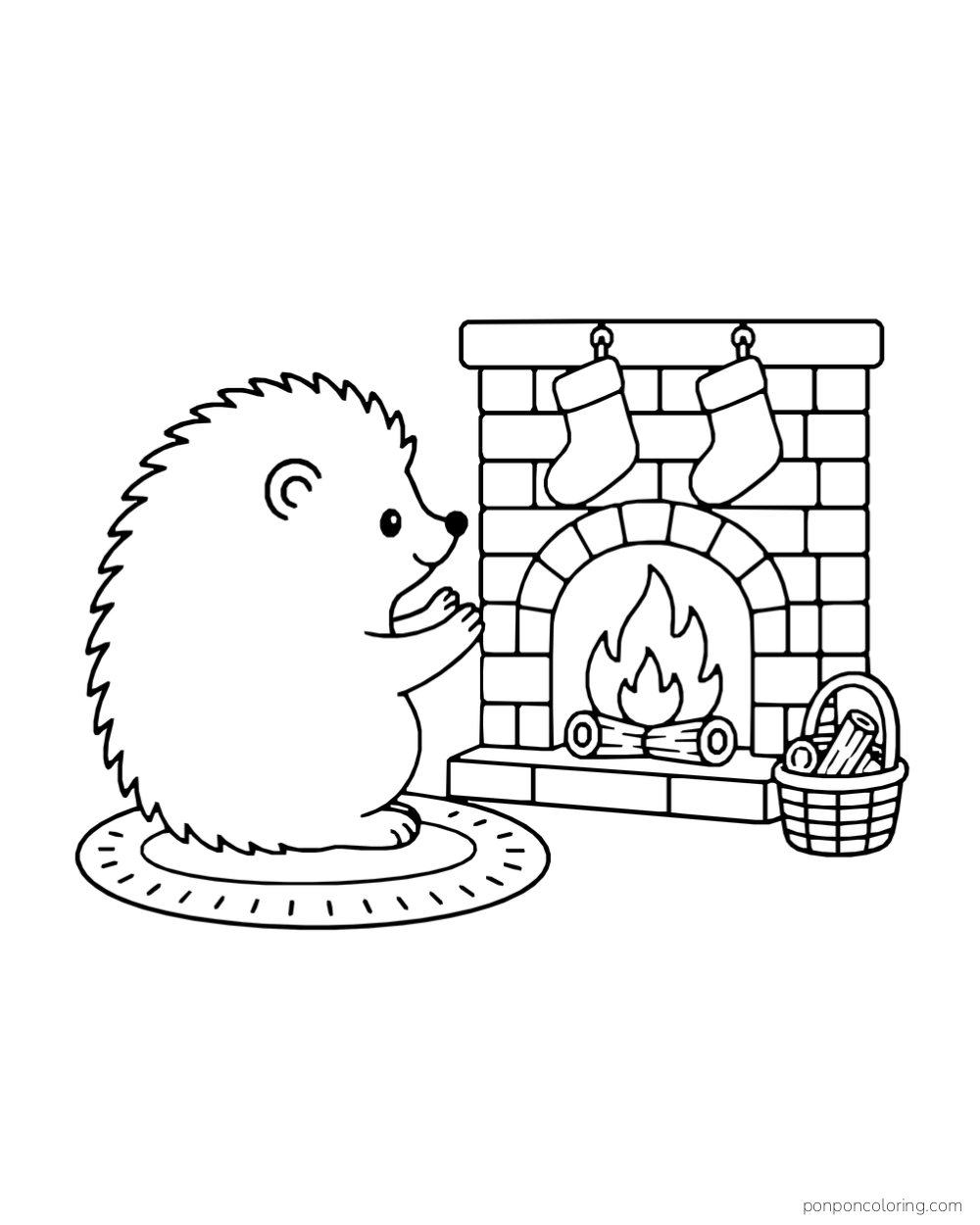 A hedgehog sits on an oval rug with its paws toward a small fireplace with two hanging socks.