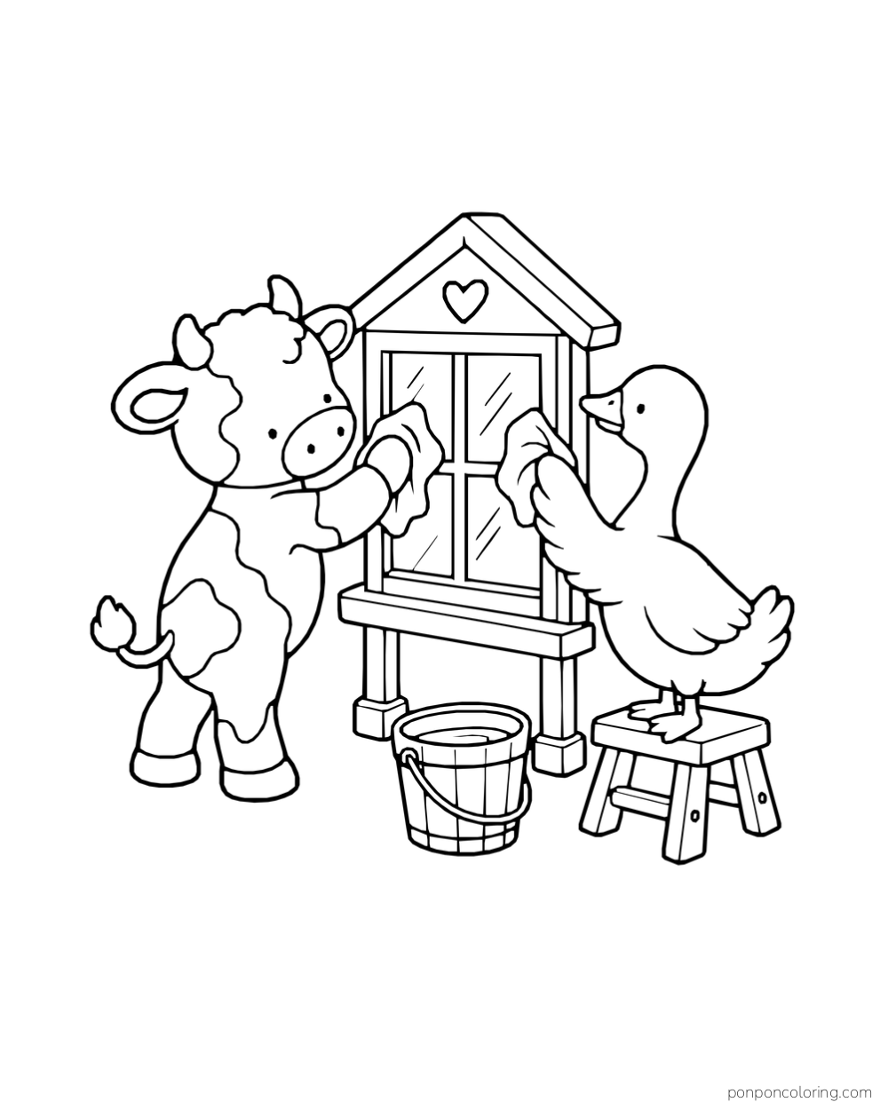 A calf and goose wipe the panes of a freestanding window frame.