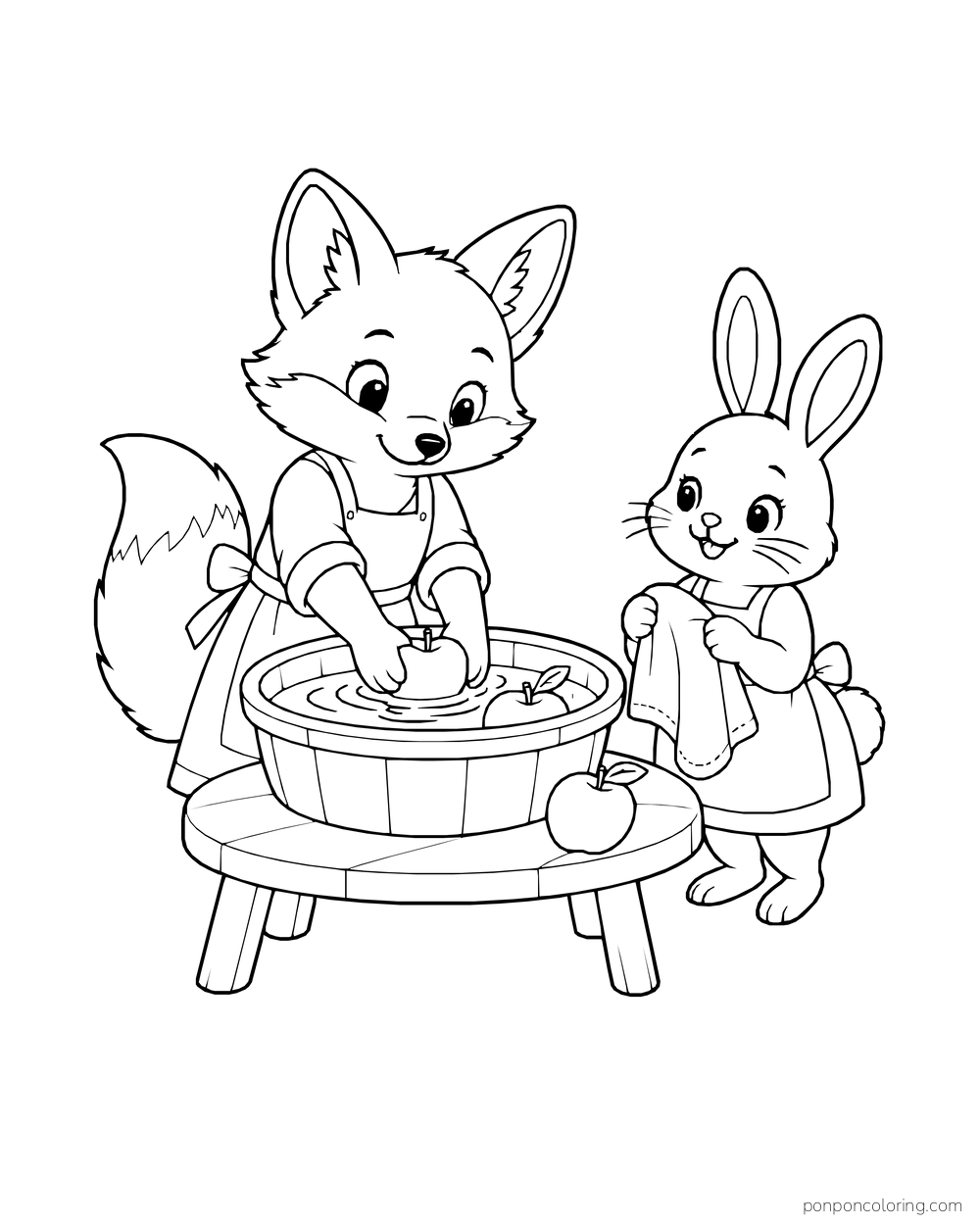 A fox washes apples in a basin while a rabbit holds a towel.