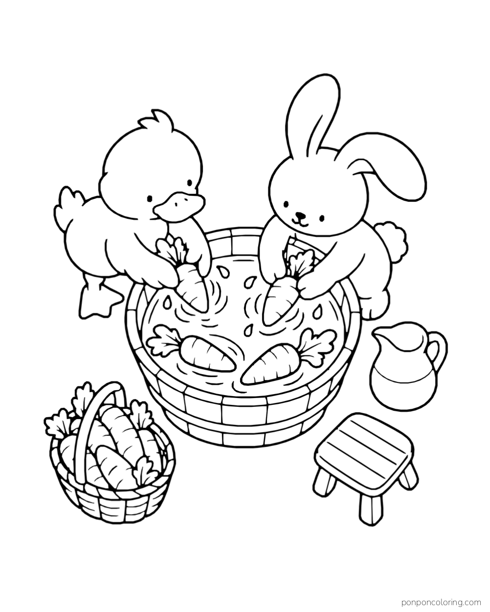 A duck and rabbit wash carrots in a tub.