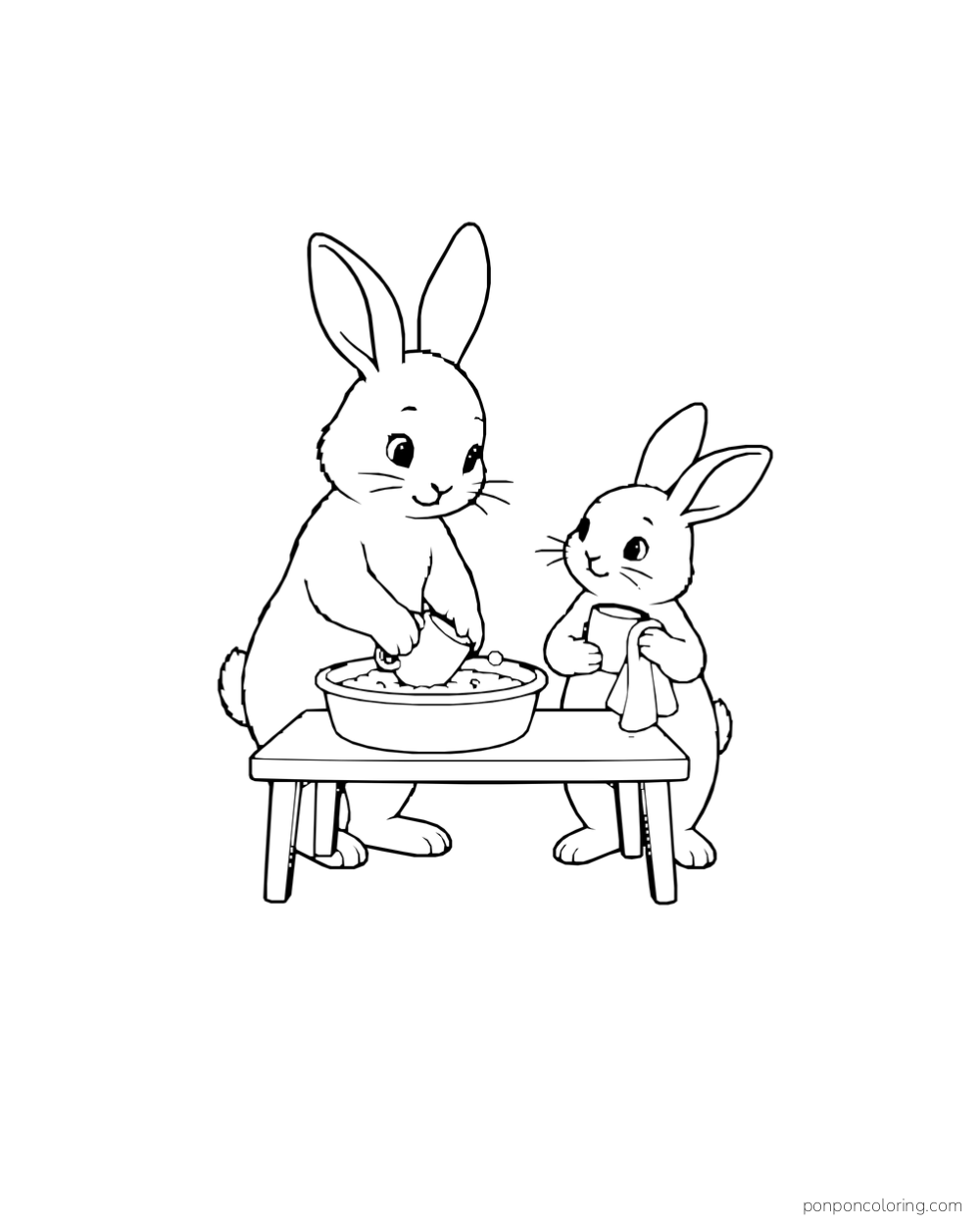 A rabbit washes cups in a shallow basin while a smaller rabbit dries one at a low table.