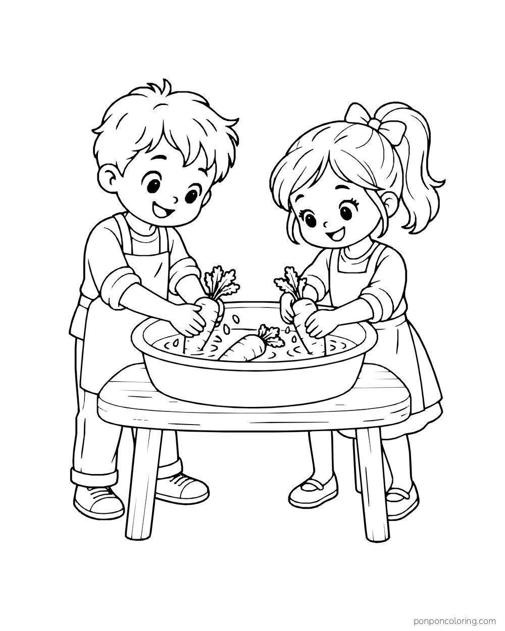 Two children rinse carrots in a large basin set on a low table.
