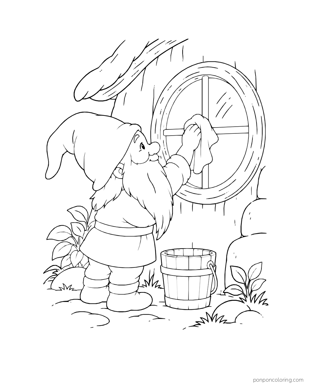 Gnome wiping a round cottage window with a cloth, with a bucket on the ground below.