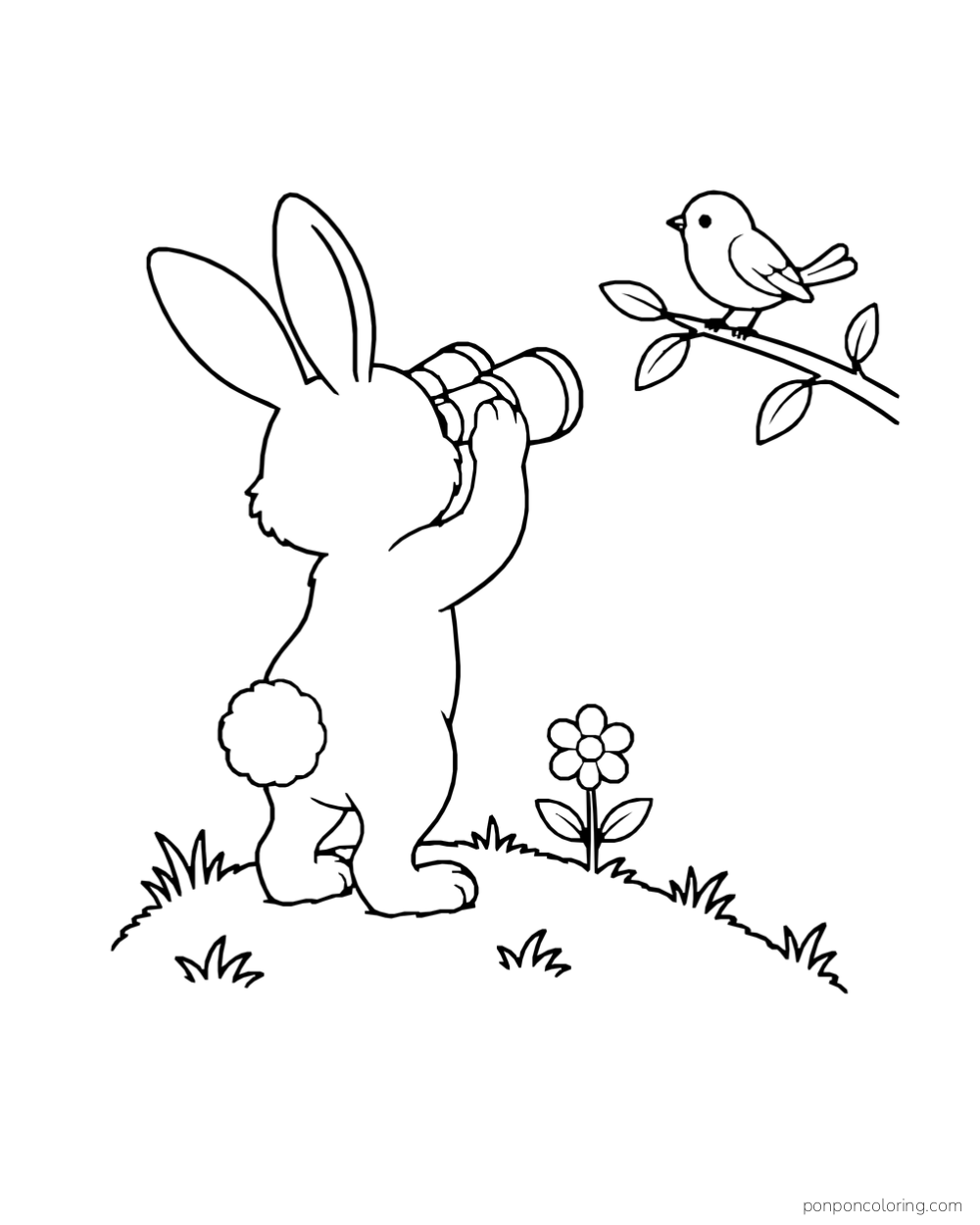 A rabbit looks through binoculars at a bird perched on a branch.