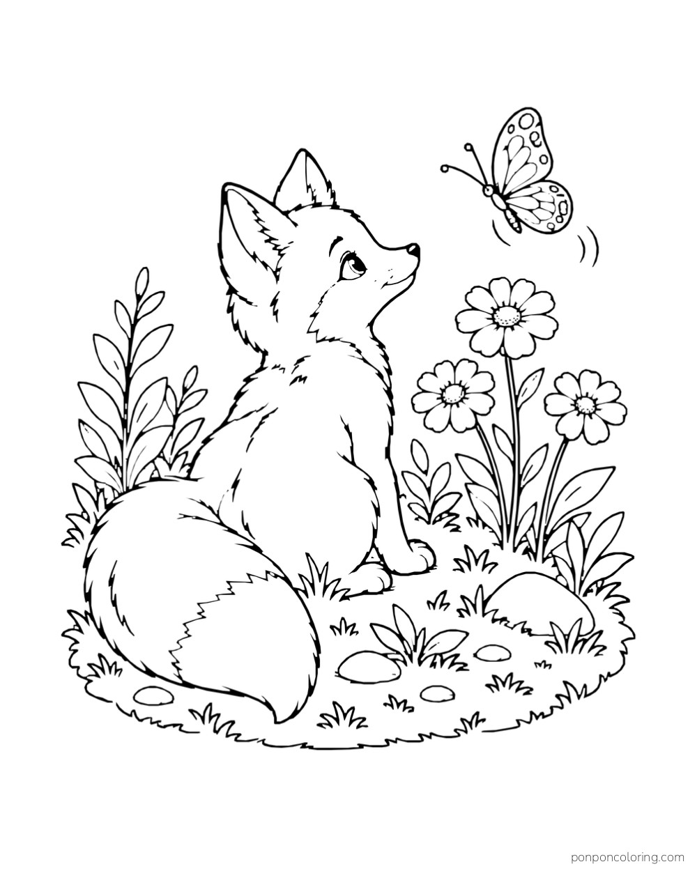 A seated fox looks up at a butterfly above three flowers.