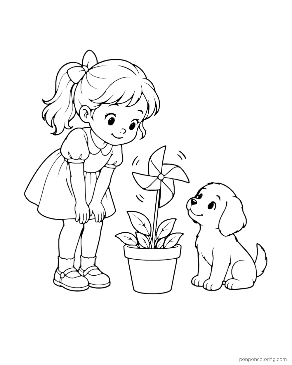A girl and puppy watch a pinwheel standing in a flowerpot.