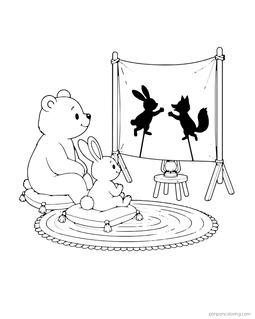 A bear and rabbit sit on cushions and watch two animal shadows on a freestanding screen.