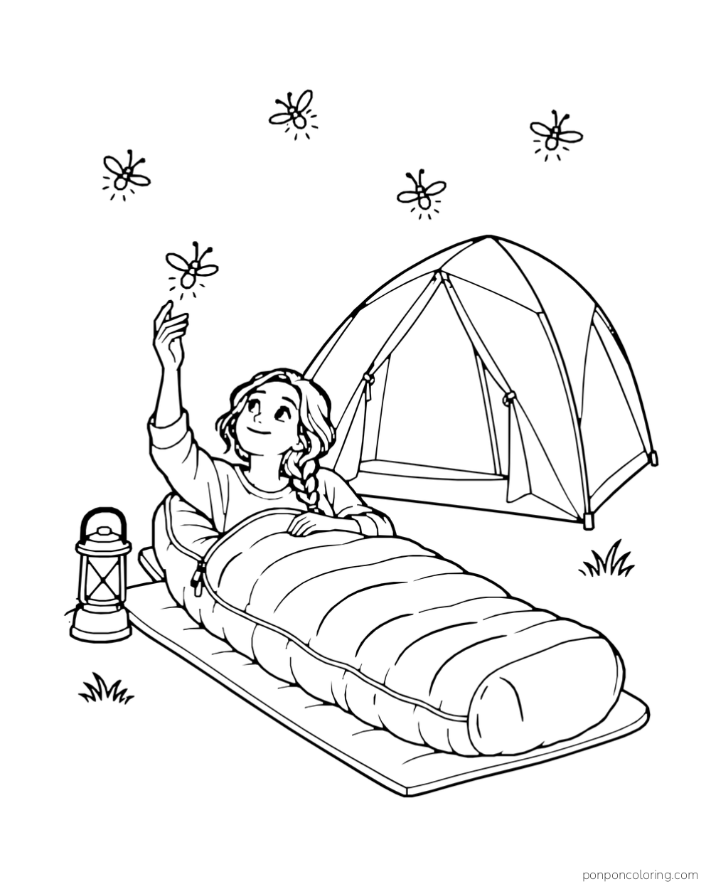 A camper in a sleeping bag watches fireflies outside a tent.