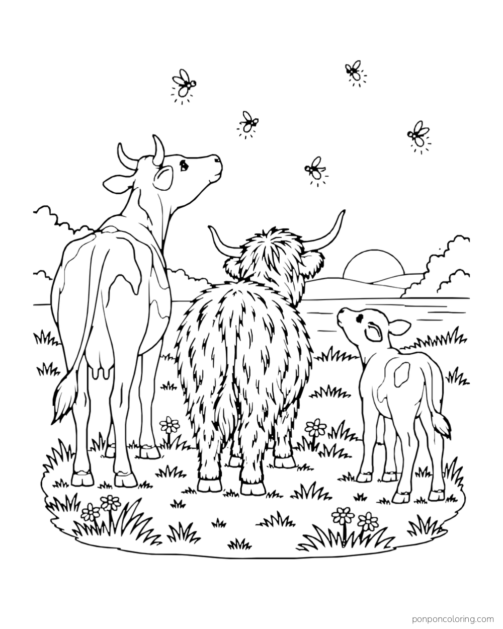 Three cows of different sizes stand together in a meadow watching fireflies.