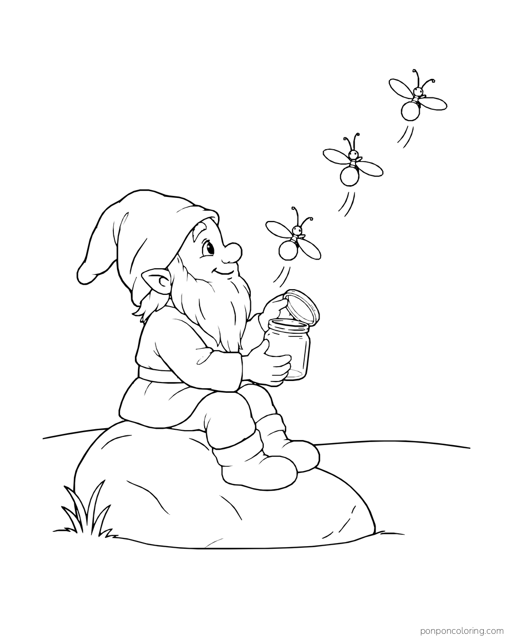 Gnome on a rock opening a jar as three fireflies fly away.