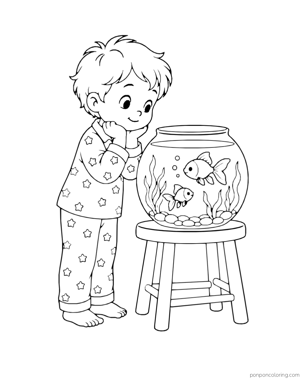A boy in star-patterned pajamas watches two goldfish in a round bowl on a stool.