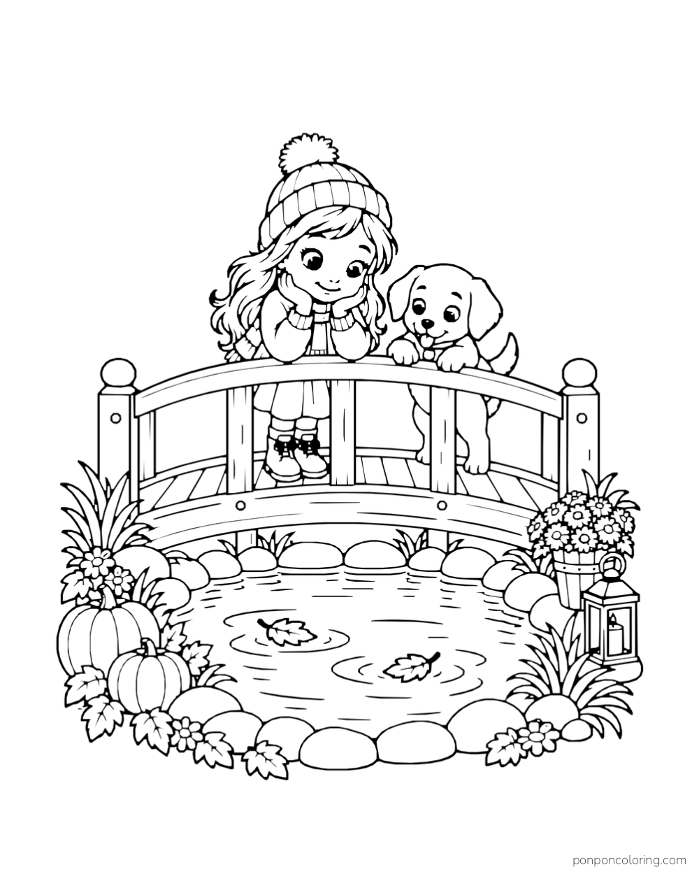 A girl and puppy lean over a small bridge above an oval pond with floating leaves.