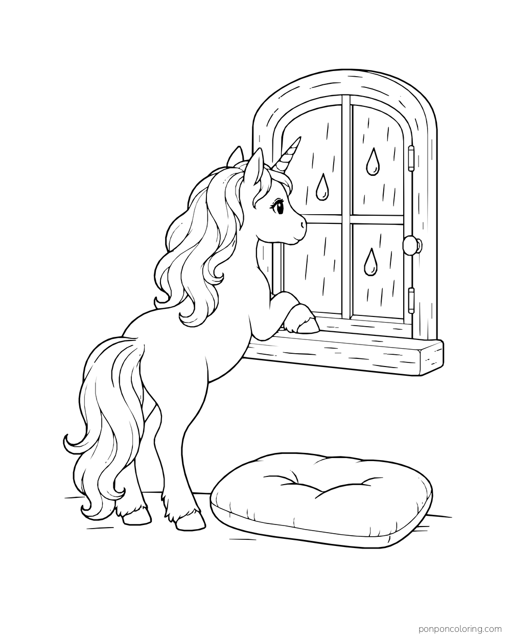 A unicorn leans toward a rain-streaked cottage window, with a soft cushion below.