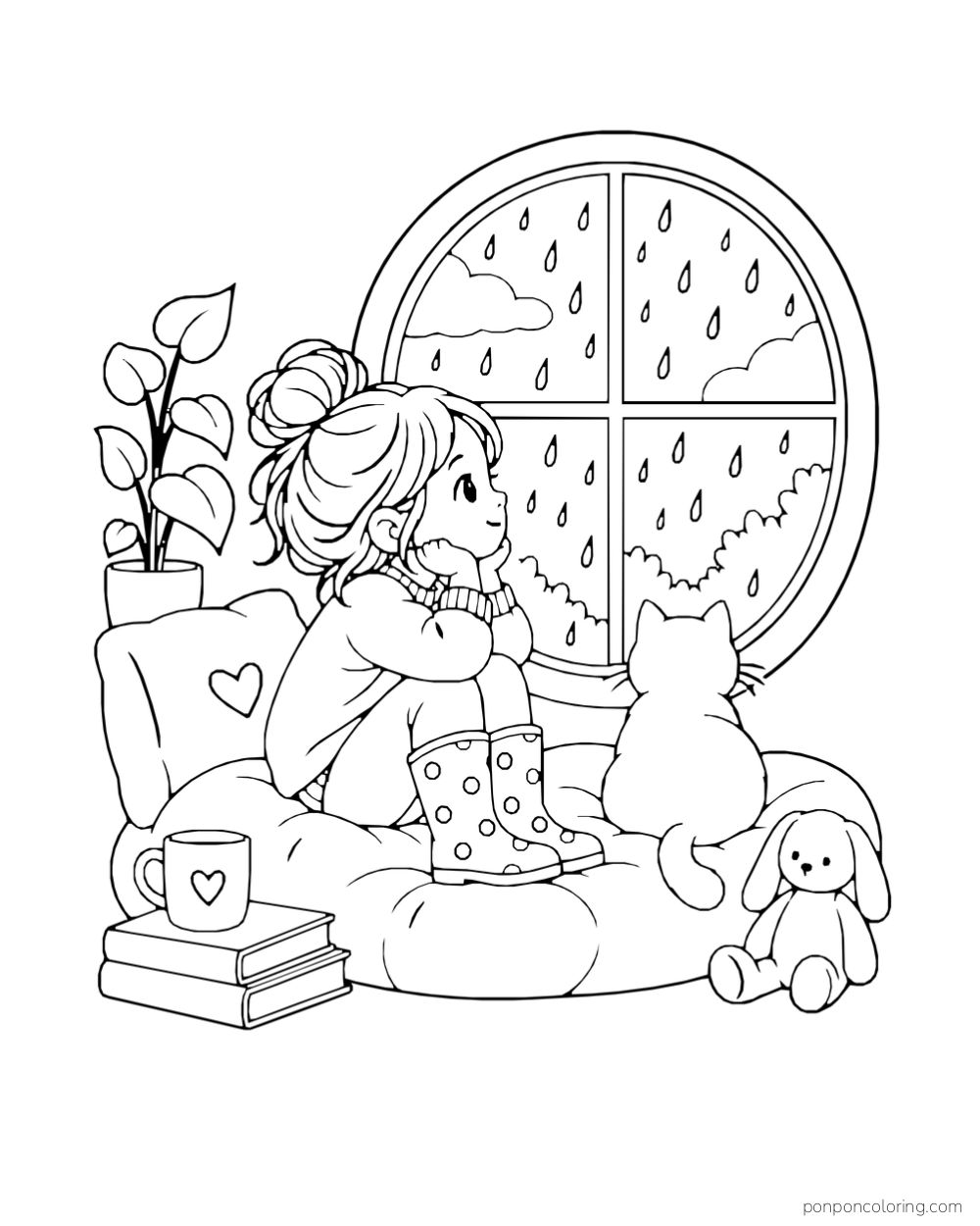 A girl in rain boots sits on a cushion beside a cat and watches rain through a round window.