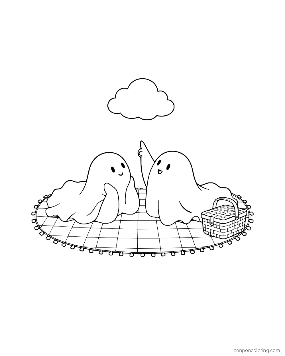 Two ghosts rest on a blanket and look toward a small cloud.