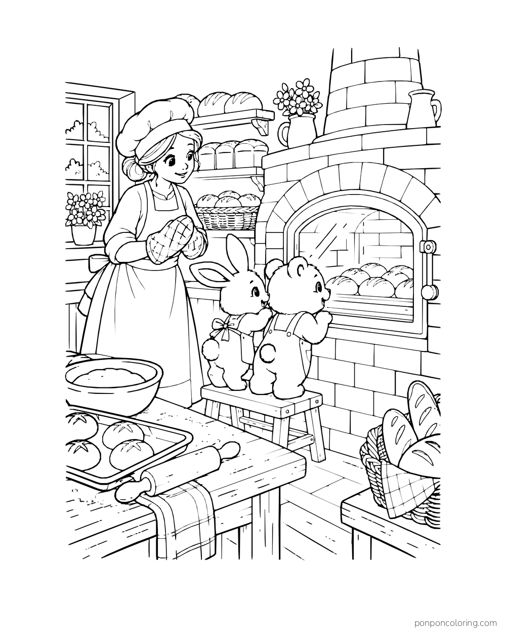 Two small animal helpers watch rolls rise through an oven window as a baker stands nearby.