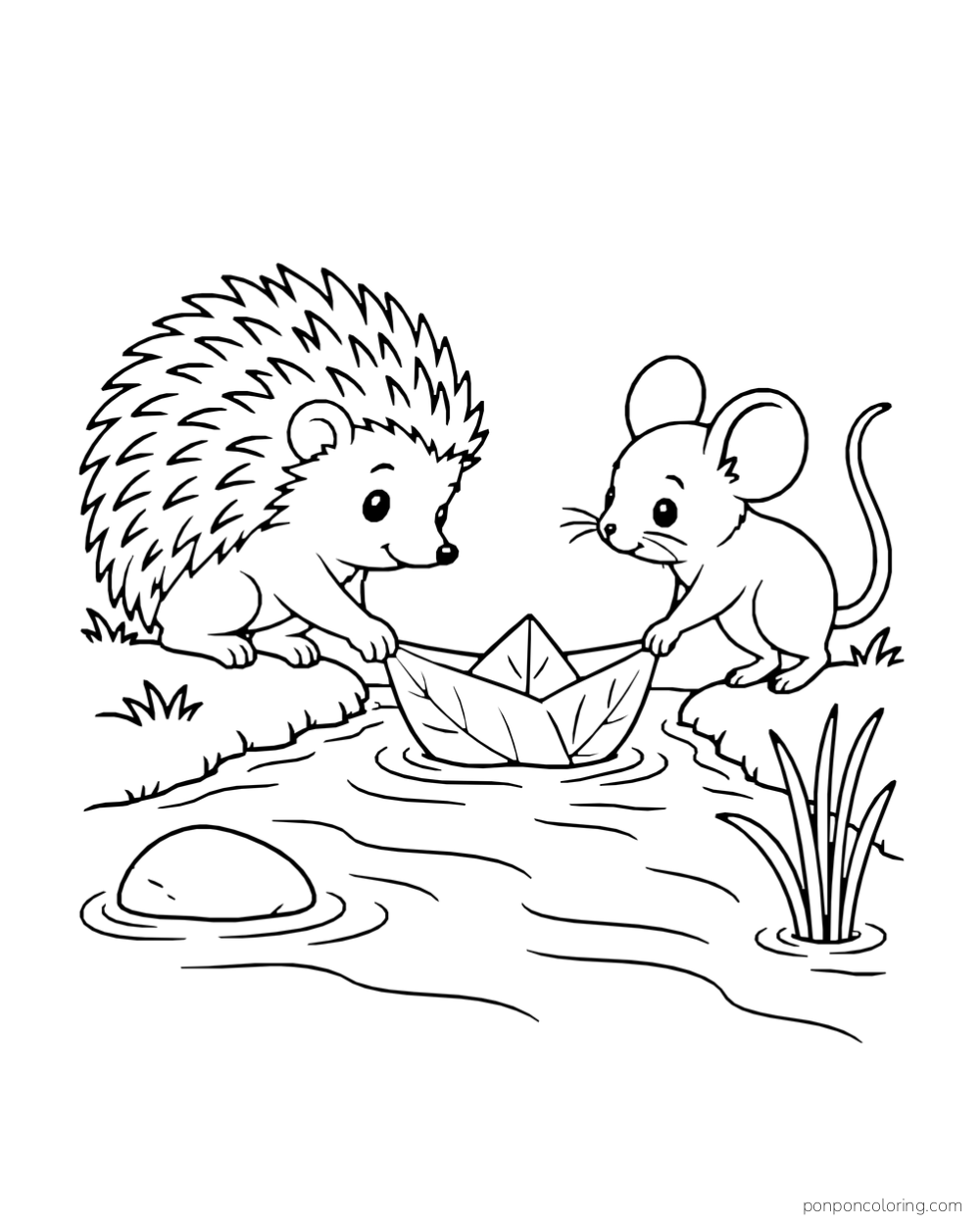 A hedgehog and a mouse steady a paper boat at the edge of a little stream.