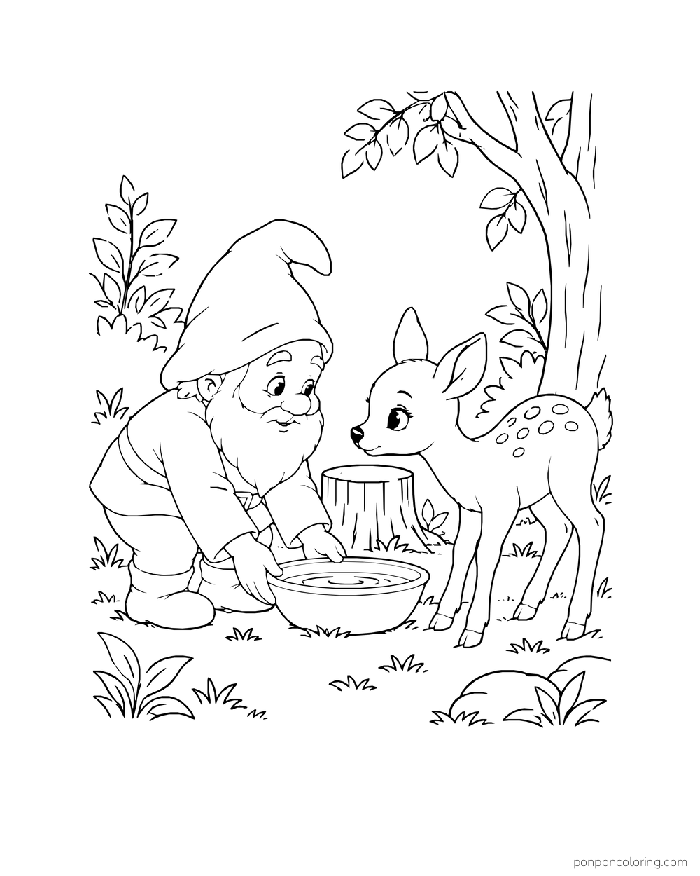 Gnome setting a shallow bowl of water before a spotted young deer in a clearing.