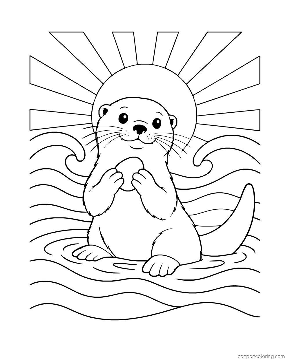 Otter holding a pebble in front of radiating sun rays and broad water waves.