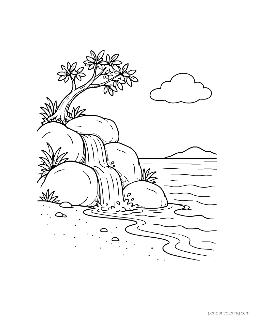 A short stream tumbles over round rocks onto a sandy cove beside the sea.