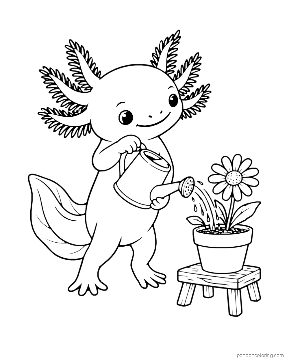 Axolotl tipping a watering can toward a potted daisy on a small stool.