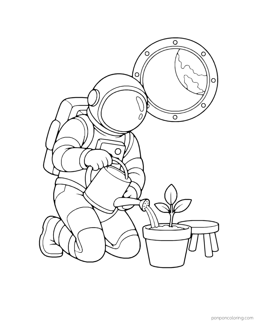 An astronaut waters a potted sprout beside a stool and round window.