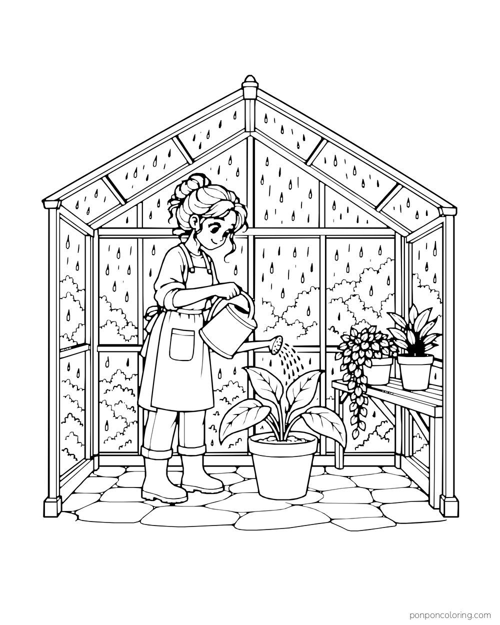 A gardener waters a leafy plant inside a greenhouse while rain falls outside the panes.