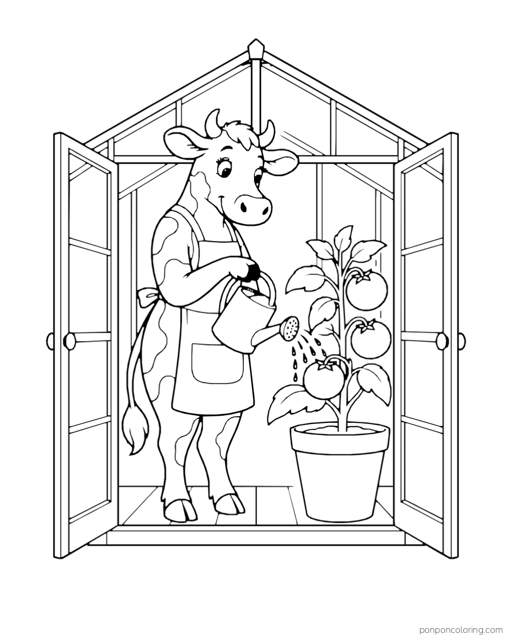 A cow in an apron waters a potted plant inside an open greenhouse.