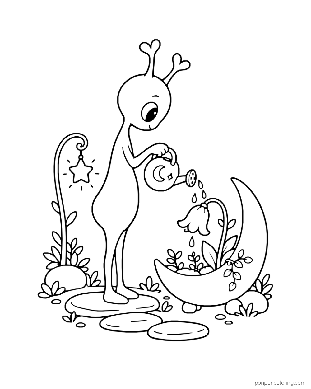 A slender alien waters a bell-shaped flower in a crescent planter.